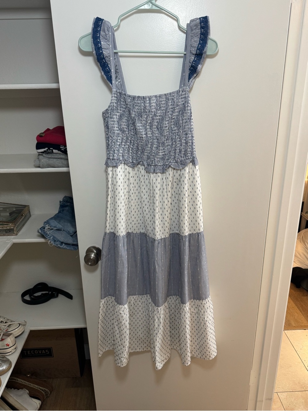 J. Crew Factory Blue and White Tiered Maxi Dress with Smocked Bodice